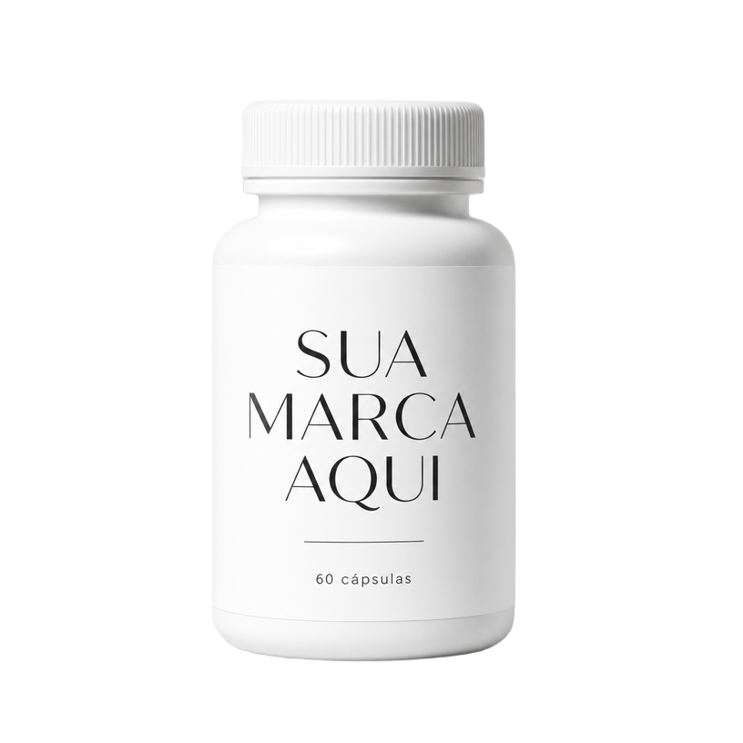 Mockup de embalagem em cápsula com rótulo "Sua marca aqui"