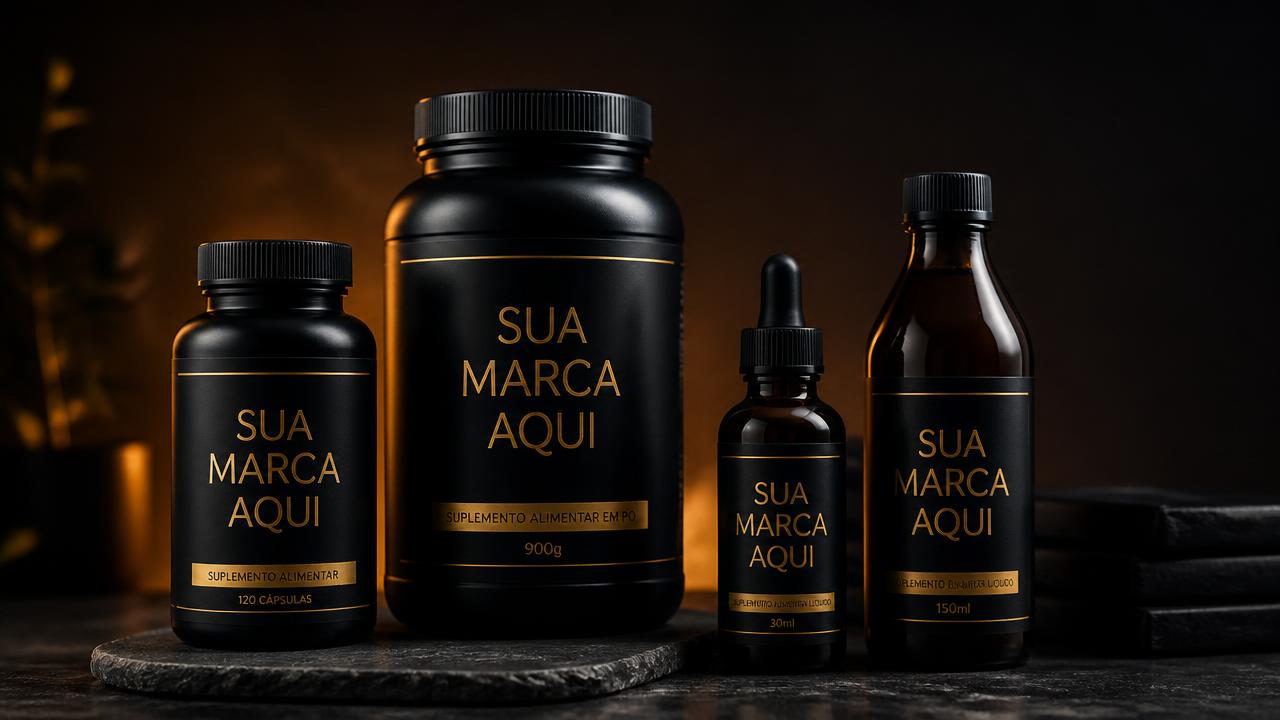 Suplementos premium com rótulo Sua Marca Aqui